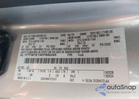 2019 Ford F-150 Lariat z USA, uszkodzony, nr VIN 1FTFW1E15KFB82245